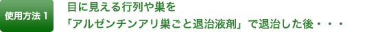 使用方法1 目に見える行列や巣を 「アルゼンチンアリ巣ごと退治液剤」で退治した後・・・